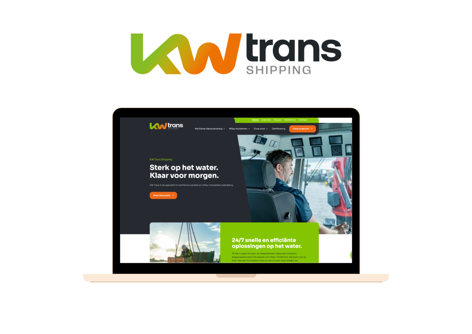 Logo en homepage van de nieuwe website van KW Trans Shipping, gemaakt door REUS