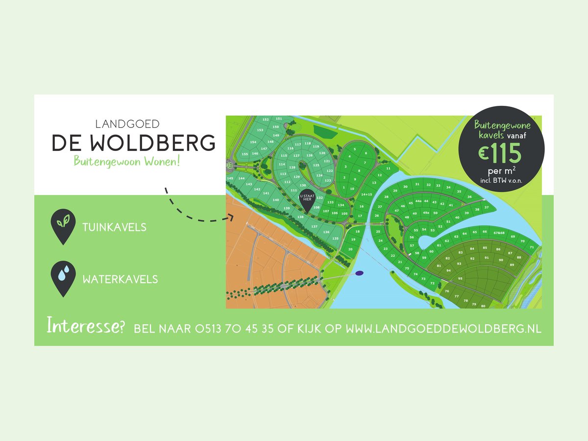Plattegrondbord met tuinkavels en waterkavels van Landgoed de Woldberg