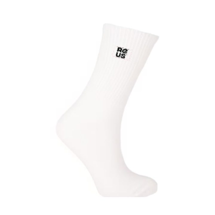 Reuzensokken van REUS: witte sok met zwart REUS-logo