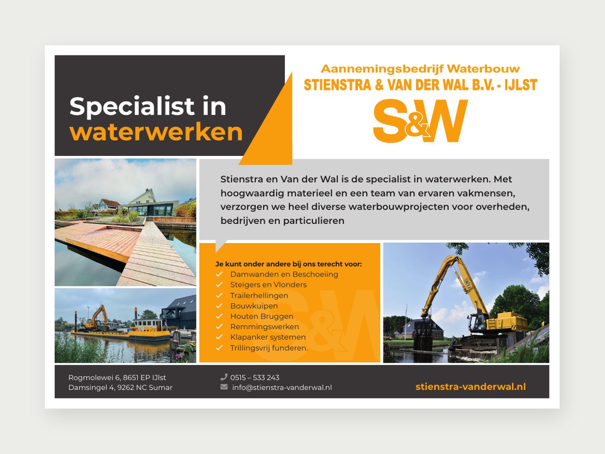 Advertentie van Stienstra & Van der Wal met werken bij en specialist in waterwerken