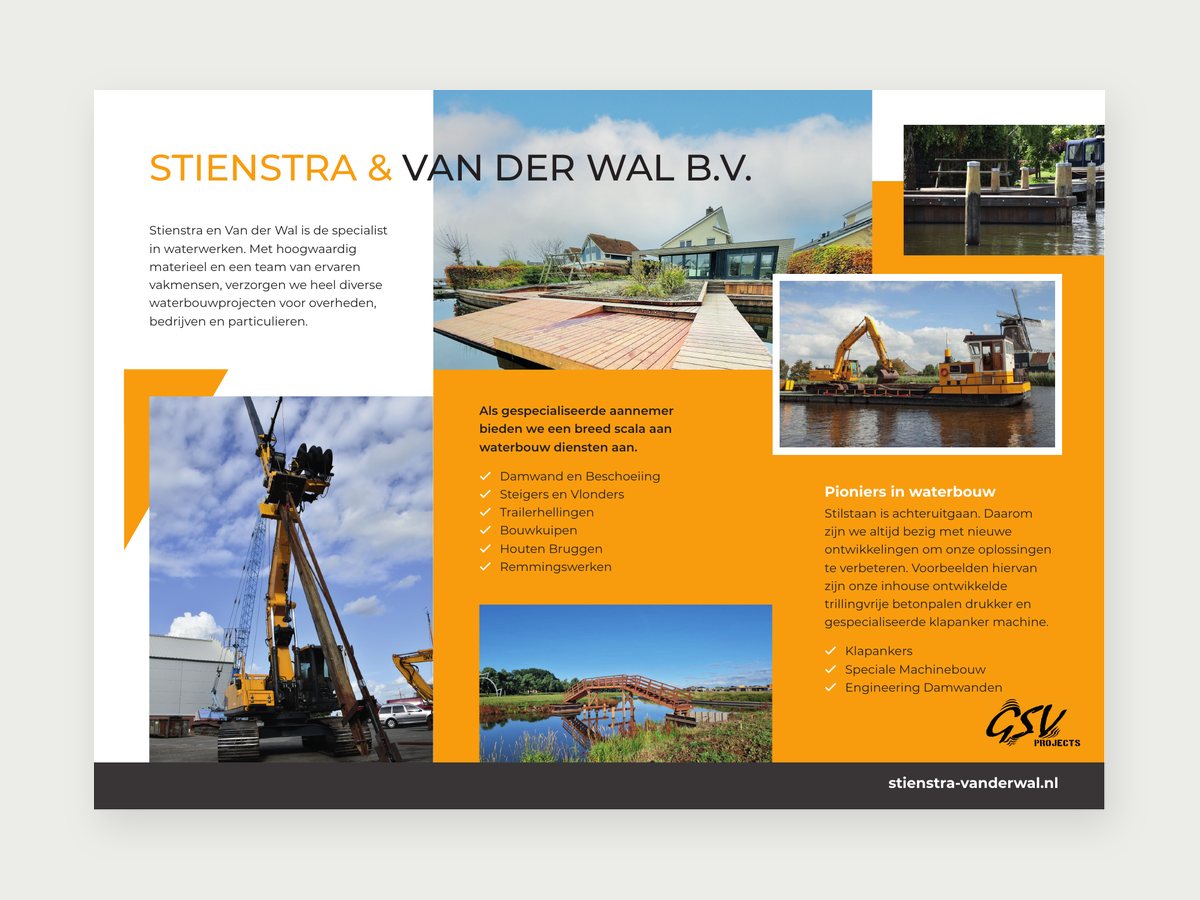 Binnenkant van de folder met de diensten van Stienstra & Van der Wal