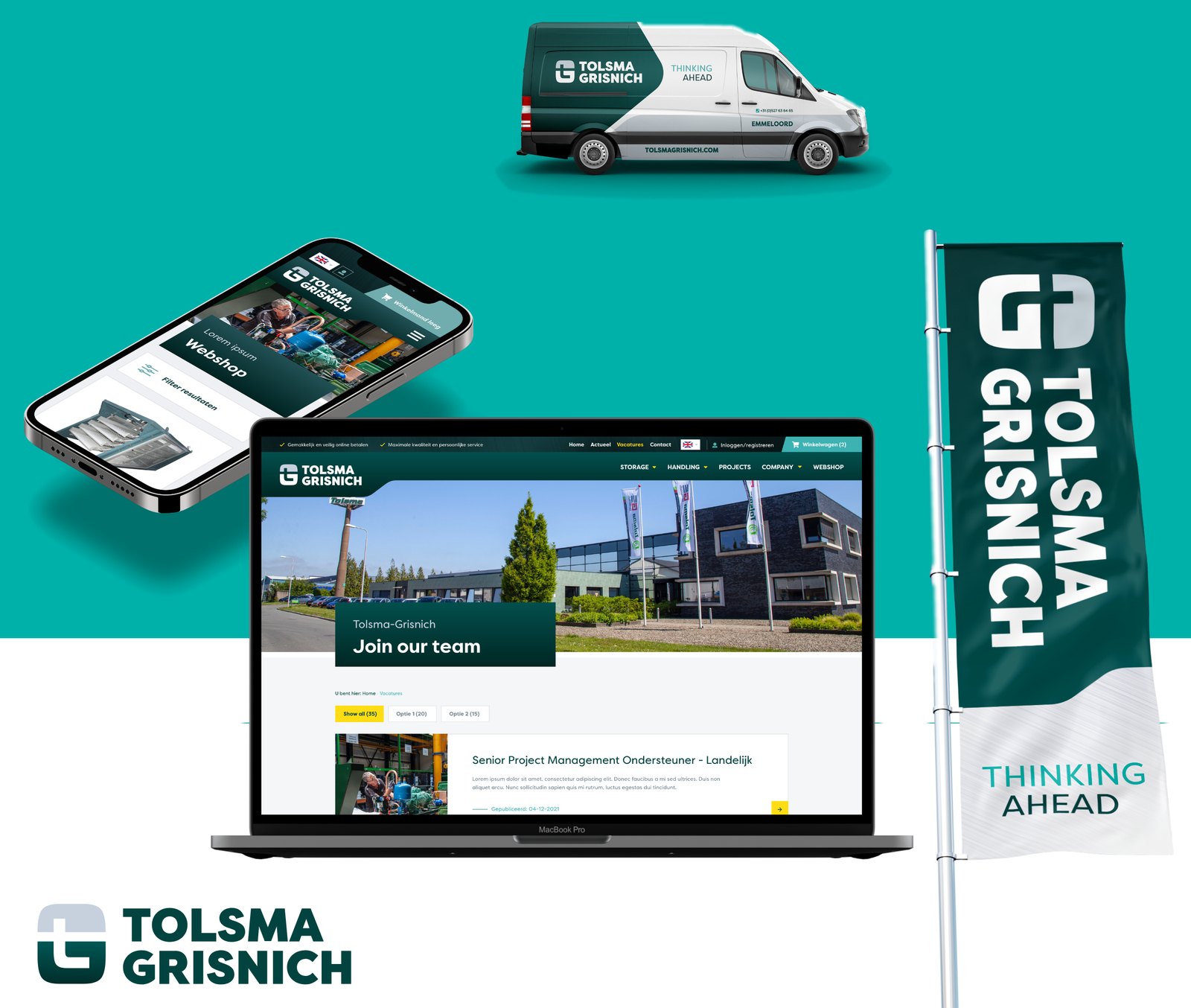 De nieuwe huisstijl van Tolsma-Grisnich op website, telefoon, bedrijfsbus en vlag