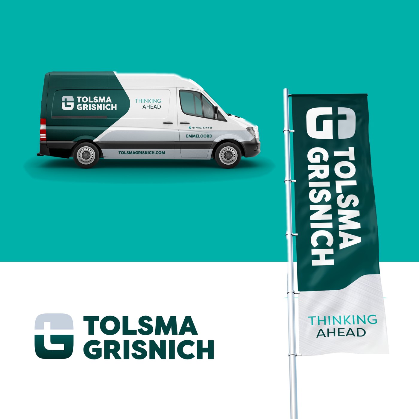 Het nieuwe logo van Tolsma-Grisnich op de bedrijfsbus en een beachvlag