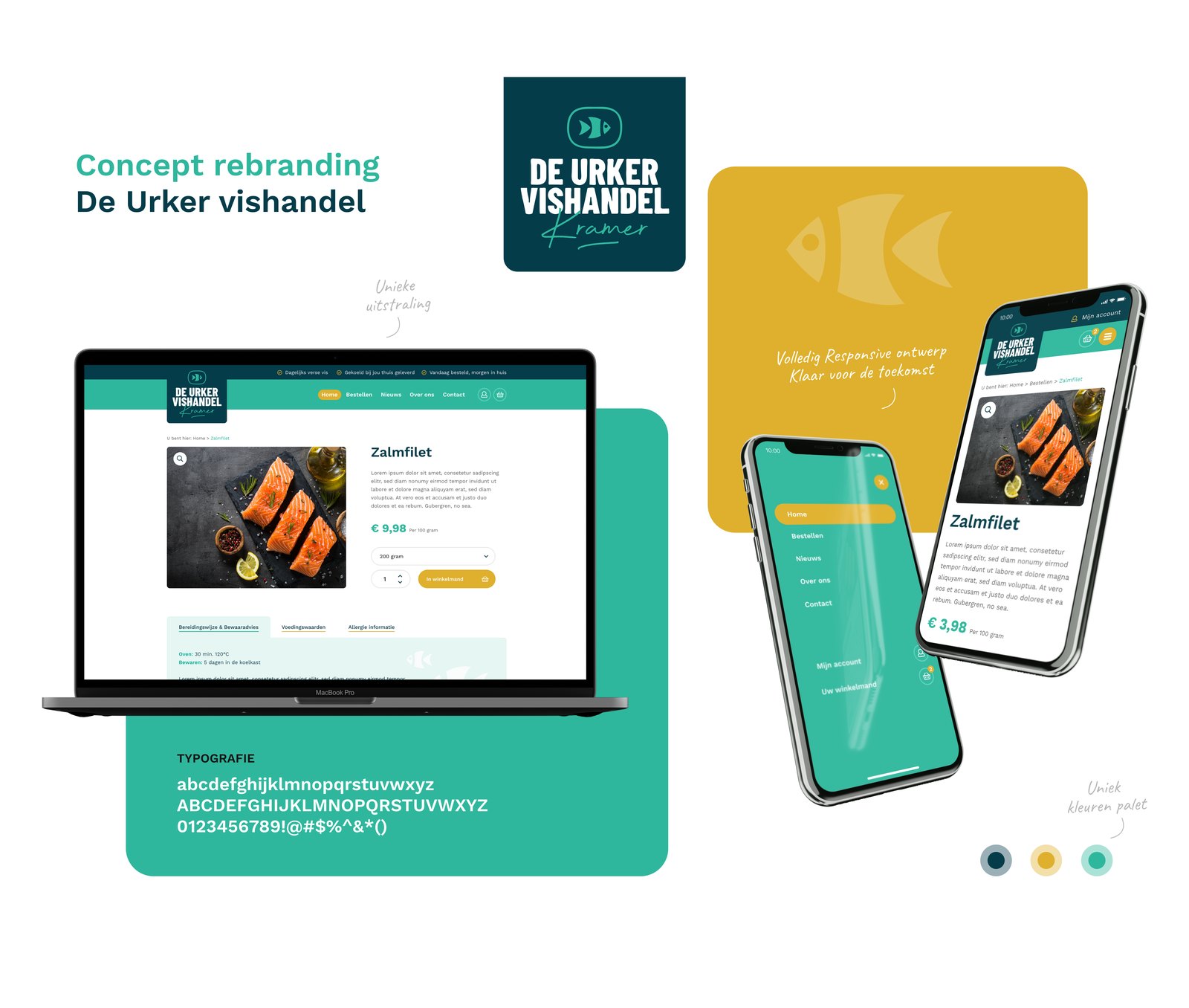 Concept van de rebranding van De Urker Vishandel, met logo en webshop op laptop en telefoon