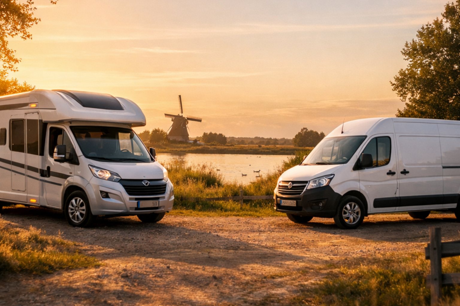 Camper en bedrijfsbus bij zonsondergang, de twee werelden van Verbeca